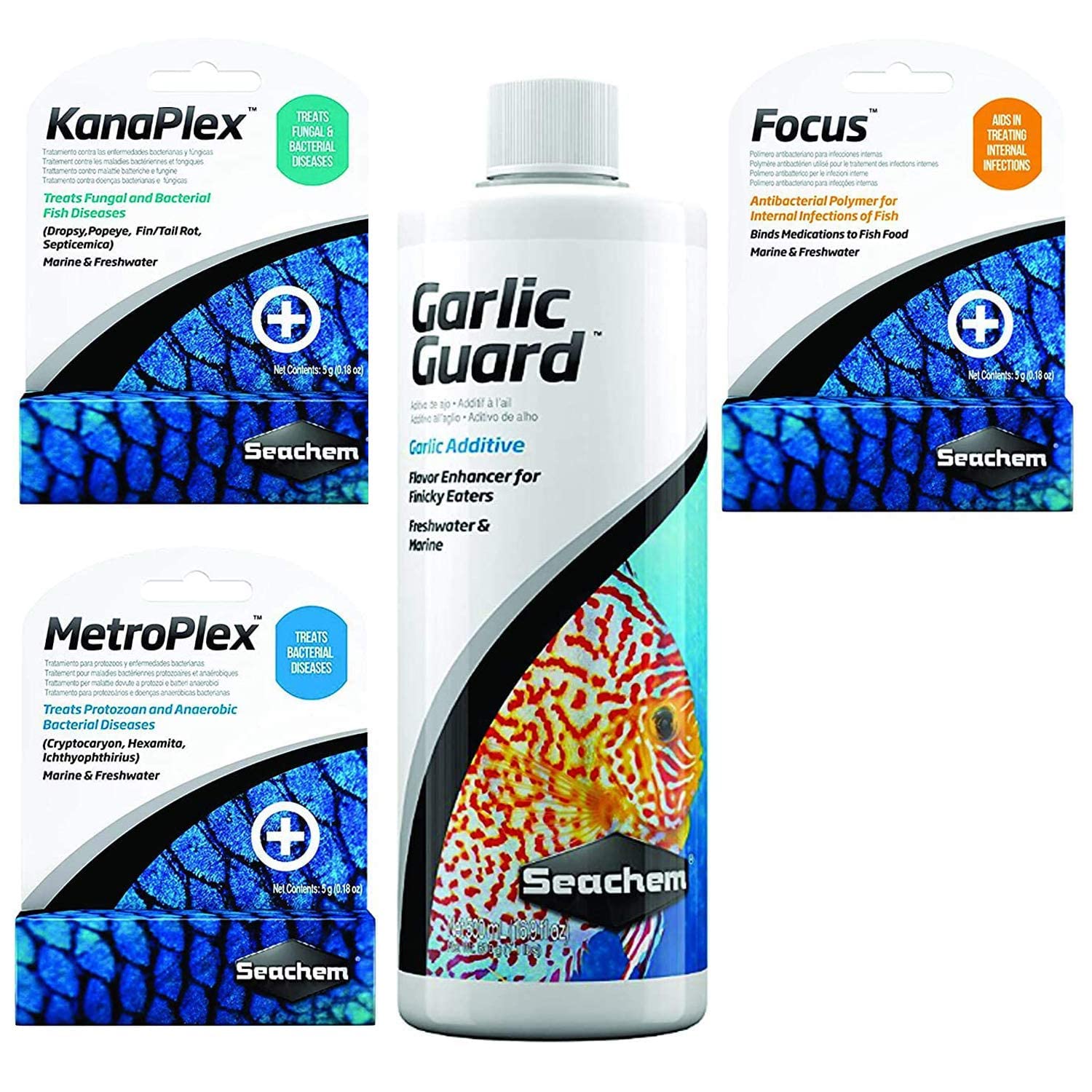 Seachem’s All-In-One Aquarium Treatment Bundle Pack – Metroplex, Kanaplex, Focus, Garlic Guard