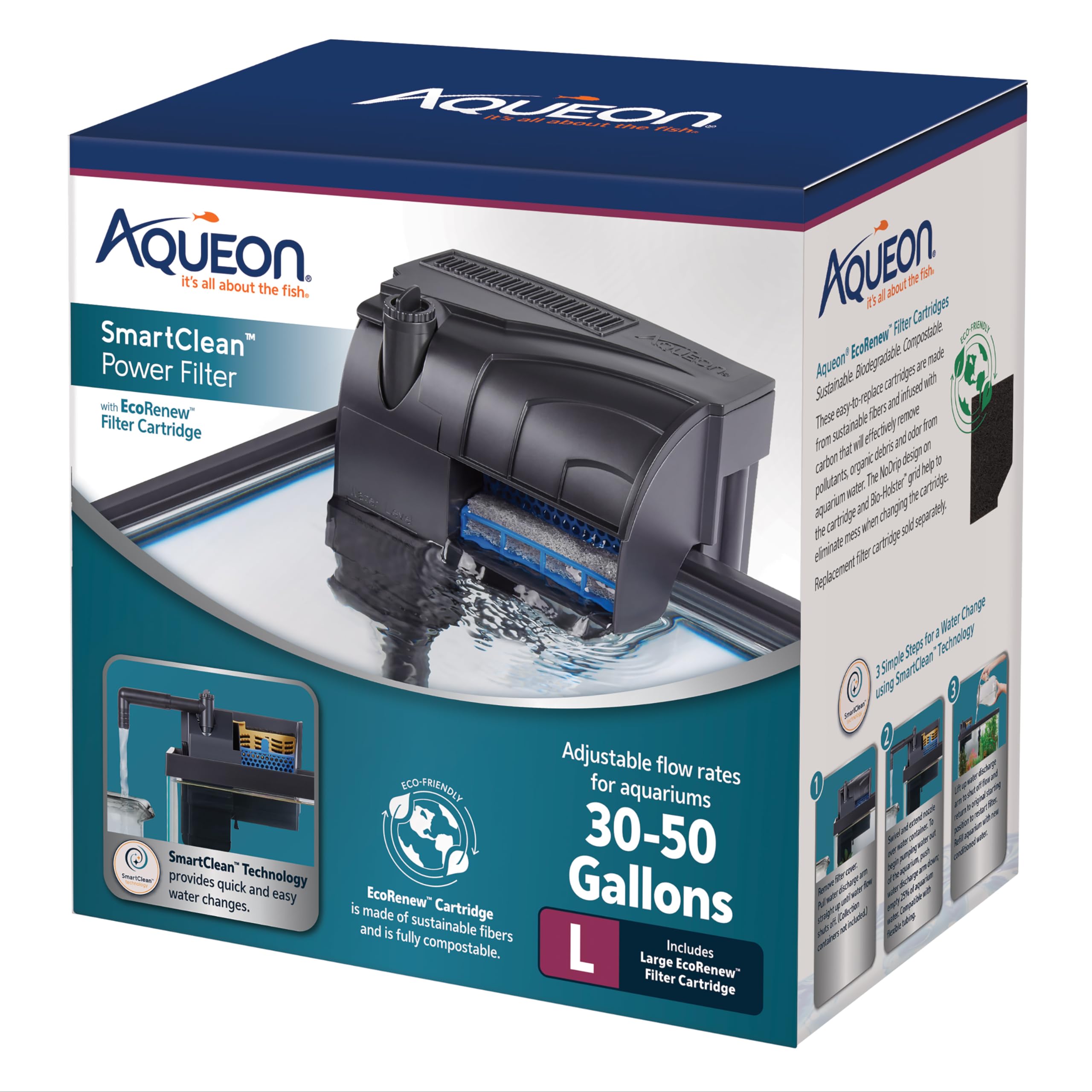 Aqueon SmartClean Power Filter with EcoRenew Cartridge for 10-20 Gallons