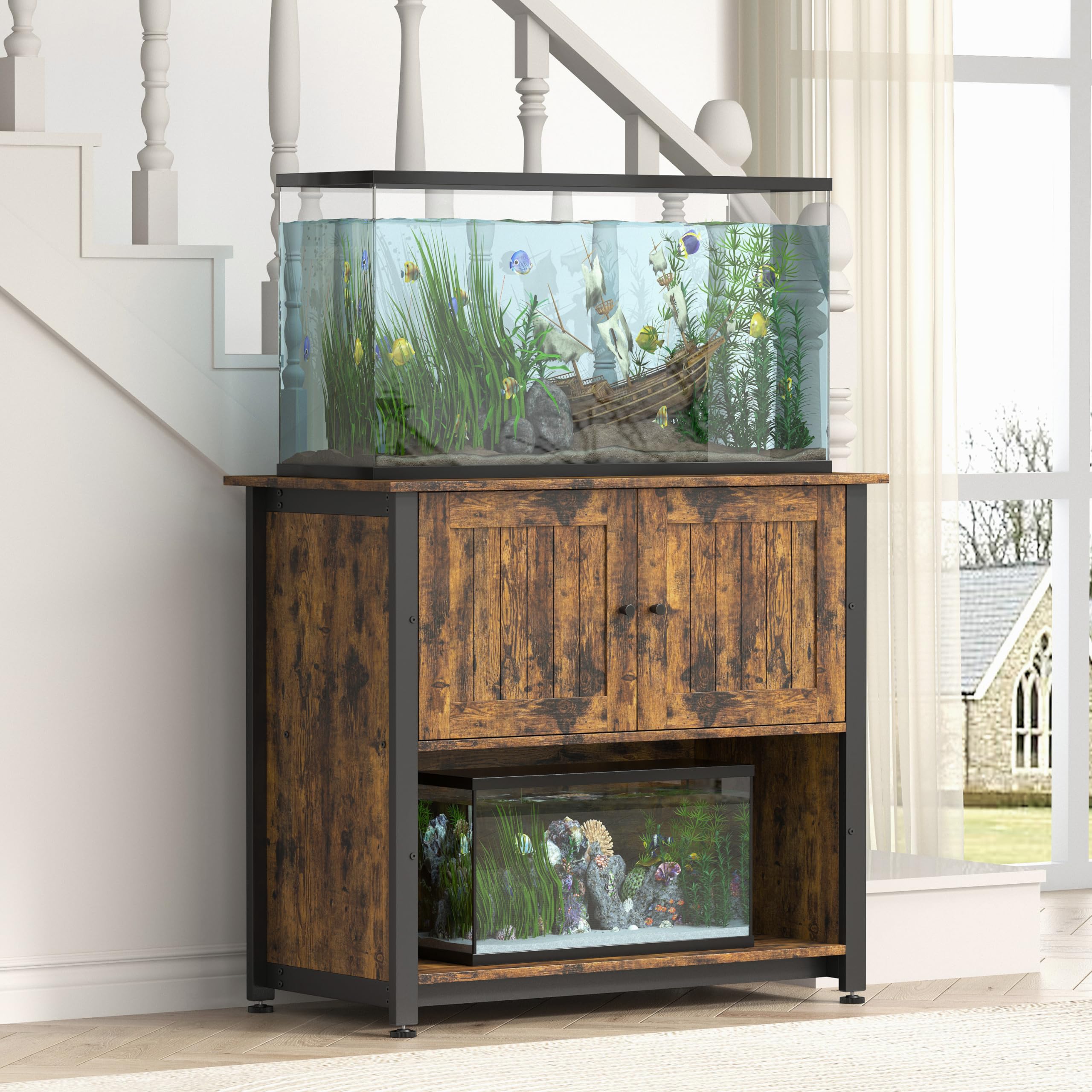 Tatub Metal Aquarium Stand with Cabinet, Accommodates 2 Tanks