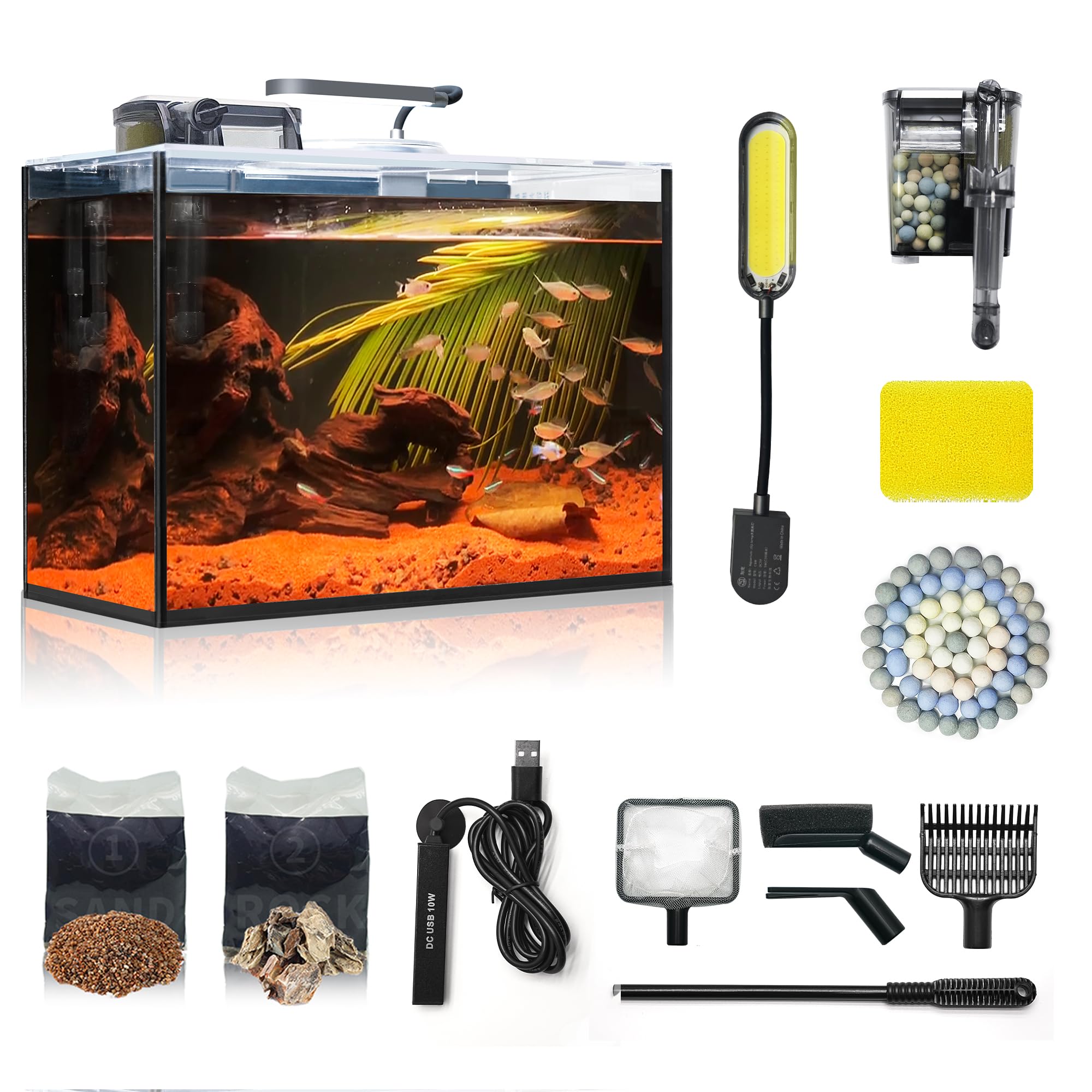 Aquarium Desktop Set: 2.6 Gallon Fish Tank with Self-Cleaning Filter