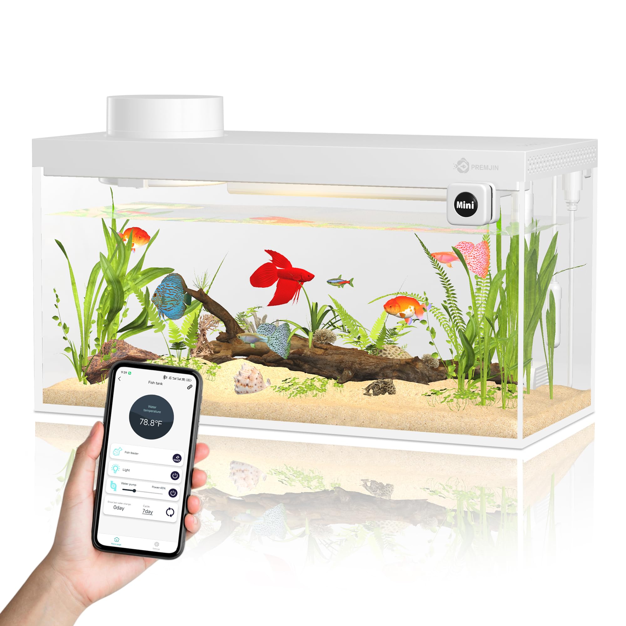 Premjin Smart Fish Tank Kit: App Control, Auto Feeder, 1.5 Gal