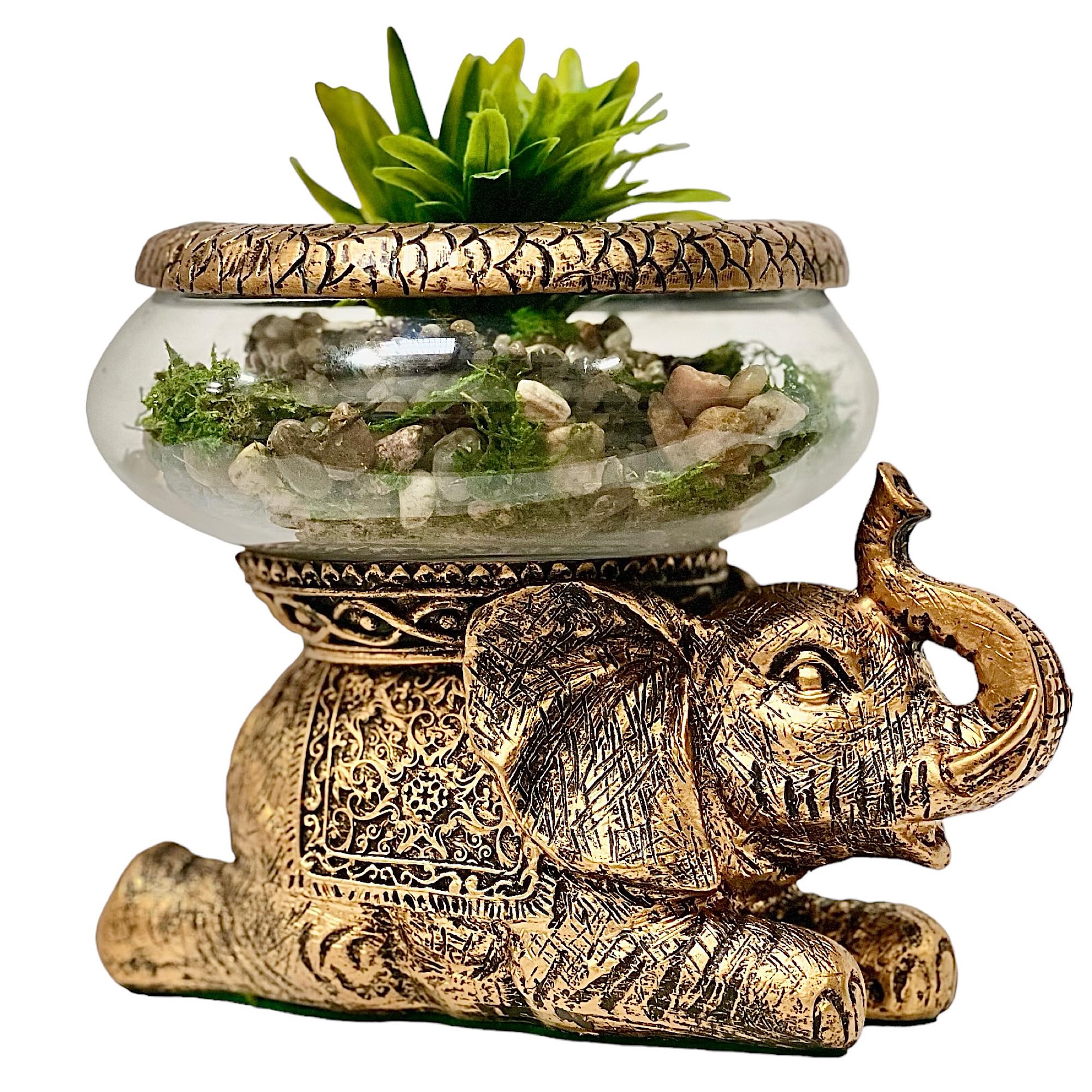 Mystical Mermaid Gold Antiqued Glass Fish Bowl with River Rocks