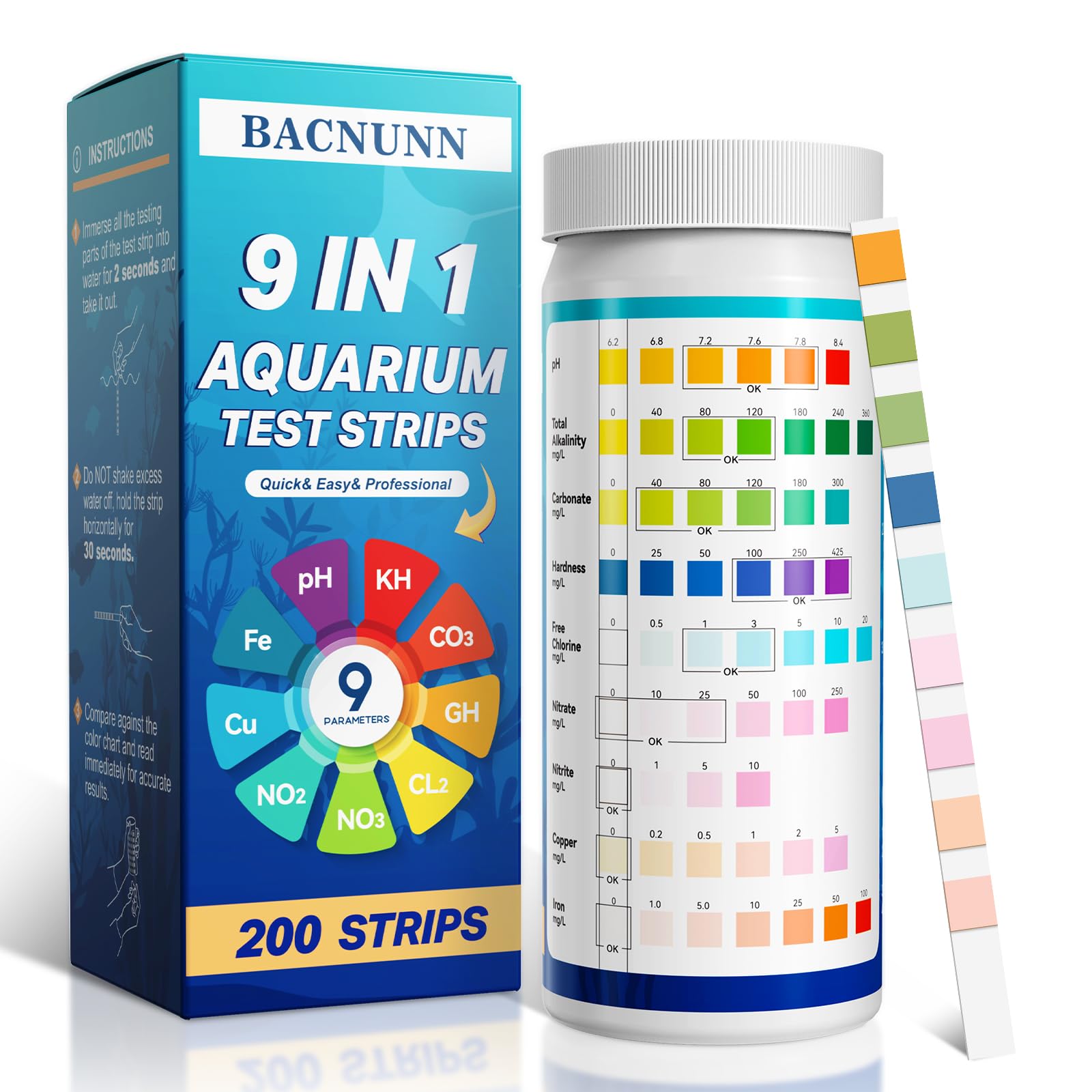 BACNUNN 200CT 9-in-1 Aquarium Test Strips for Water Testing