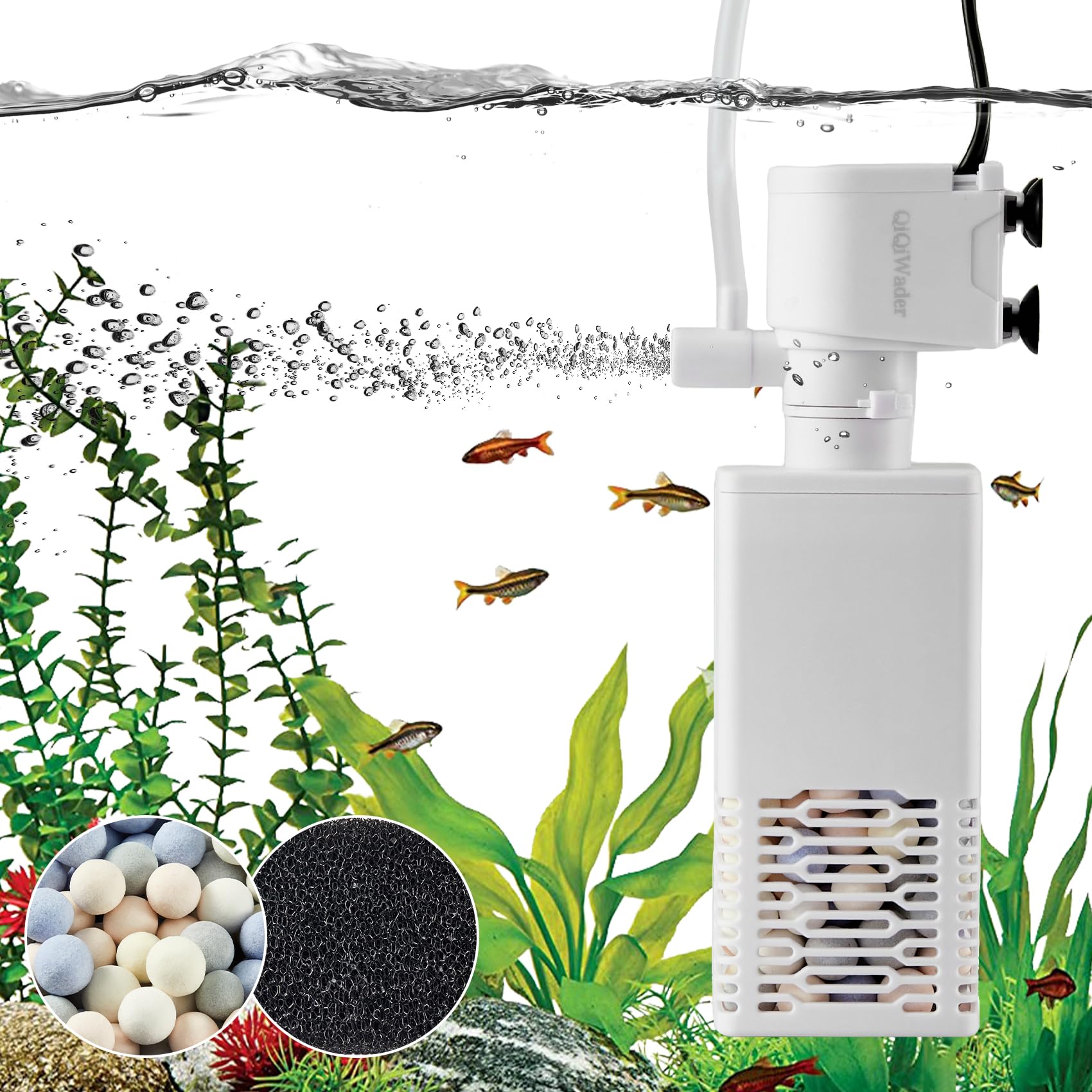 QiQiWader 6W All-in-One Aquarium Filter for 10-40 Gallon Tanks