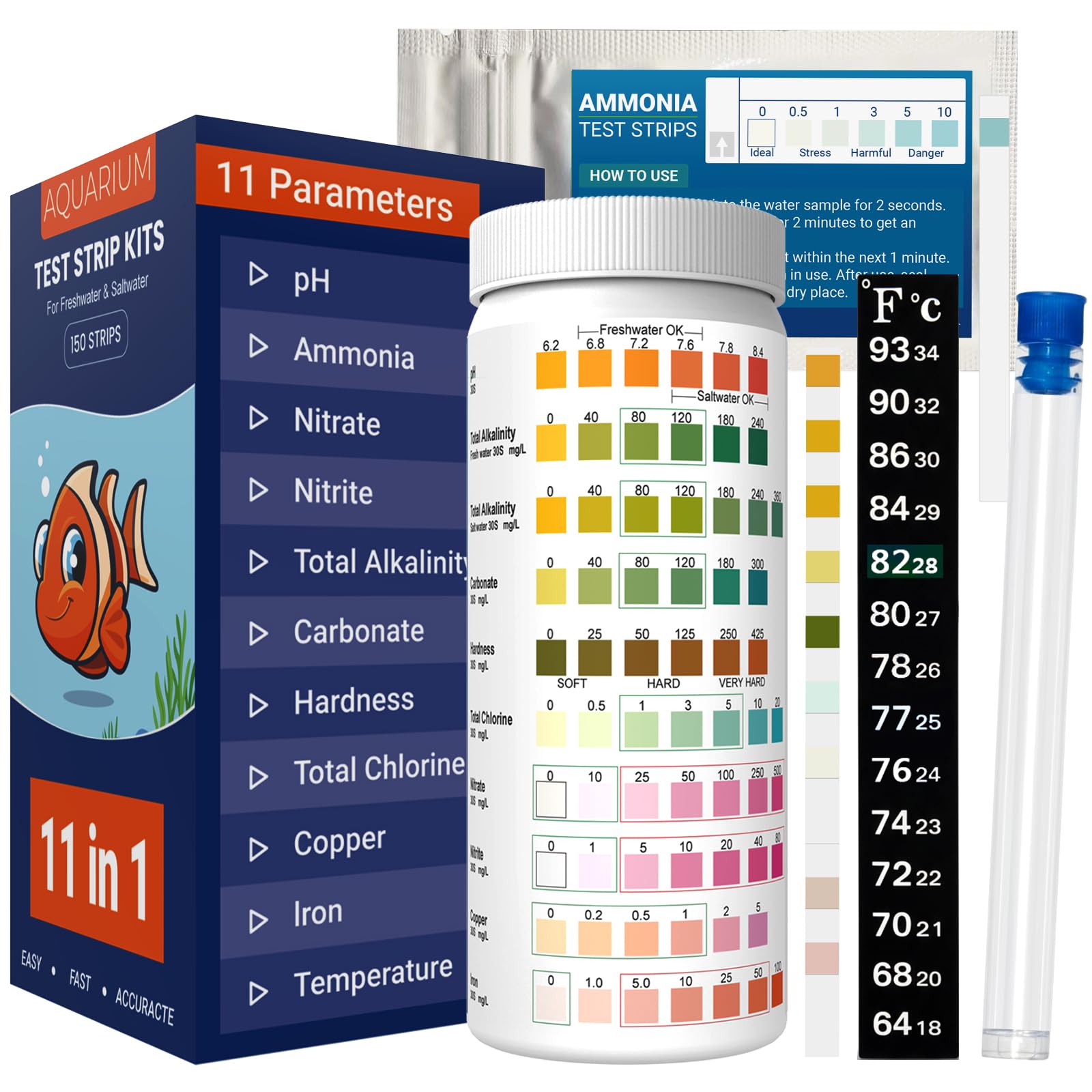 Aquarium Test Strips Kit: 11 Tests for Freshwater & Saltwater