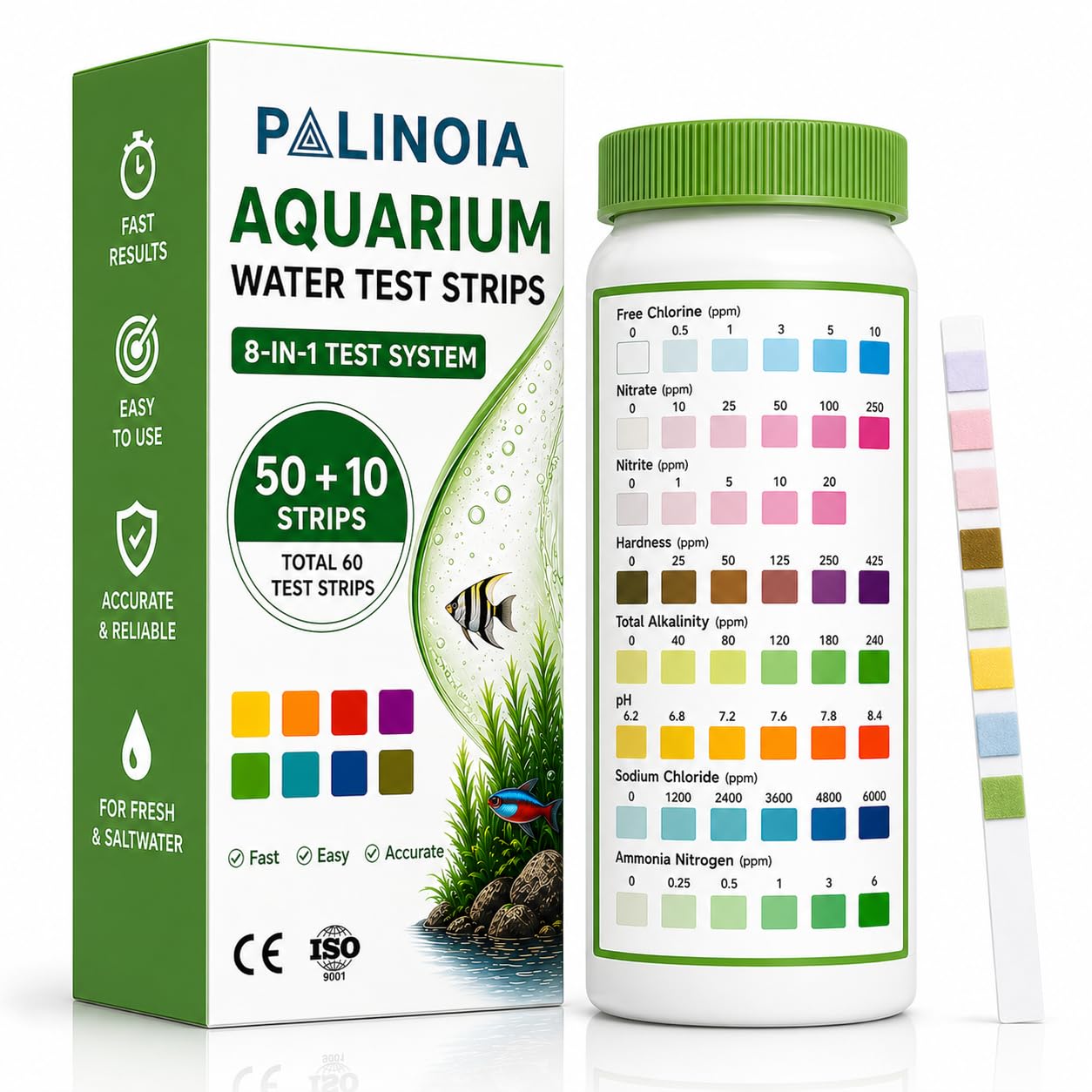 Palinoia 8-in-1 Aquarium Test Strips for Freshwater and Saltwater