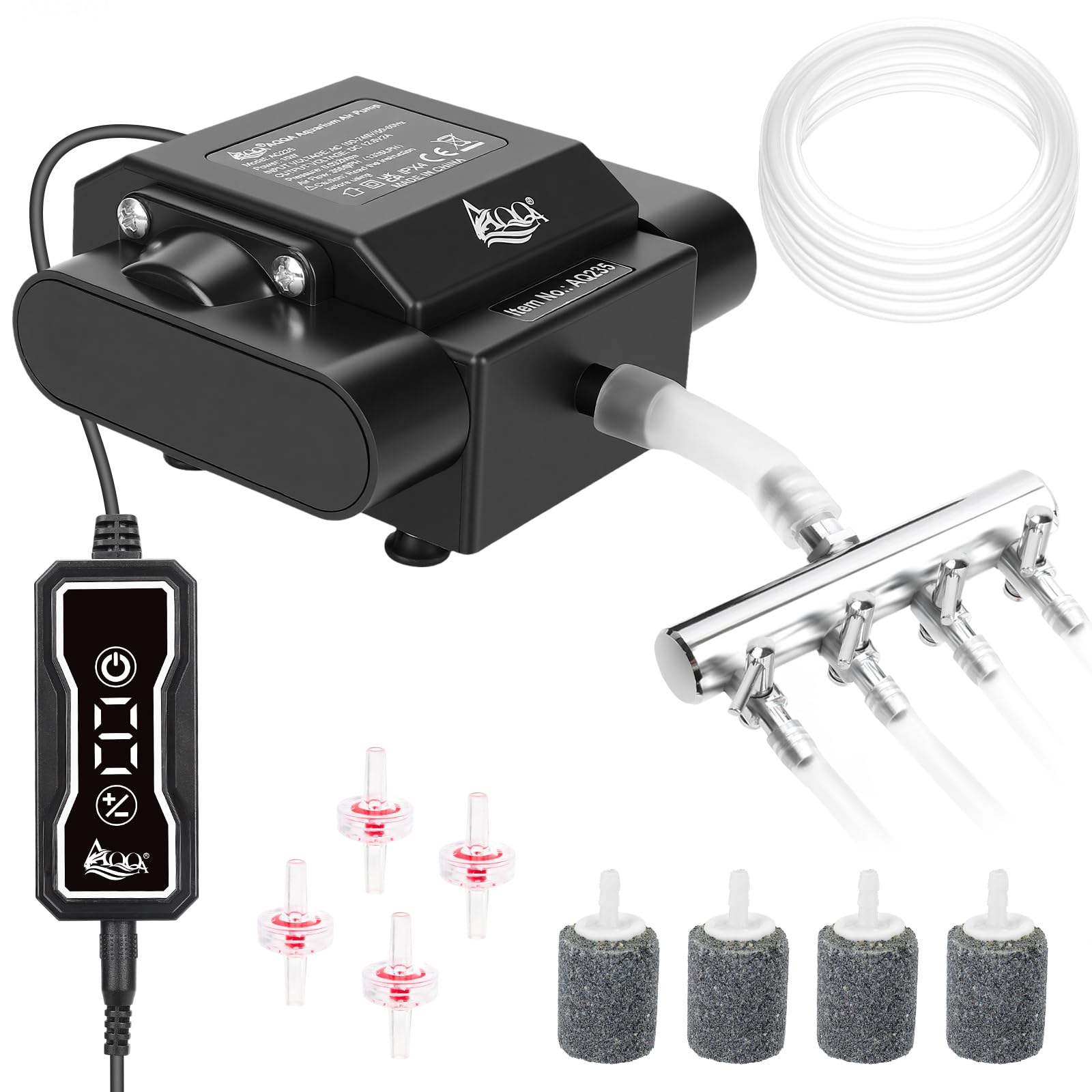 AQQA 10W Aquarium Air Pump, Adjustable 4 Outlets, Accessories
